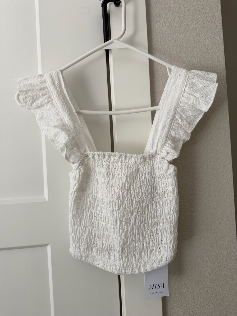 Misa Los Angeles White Eyelet Smocked Ruffle Strap Crop Top XXS NWT